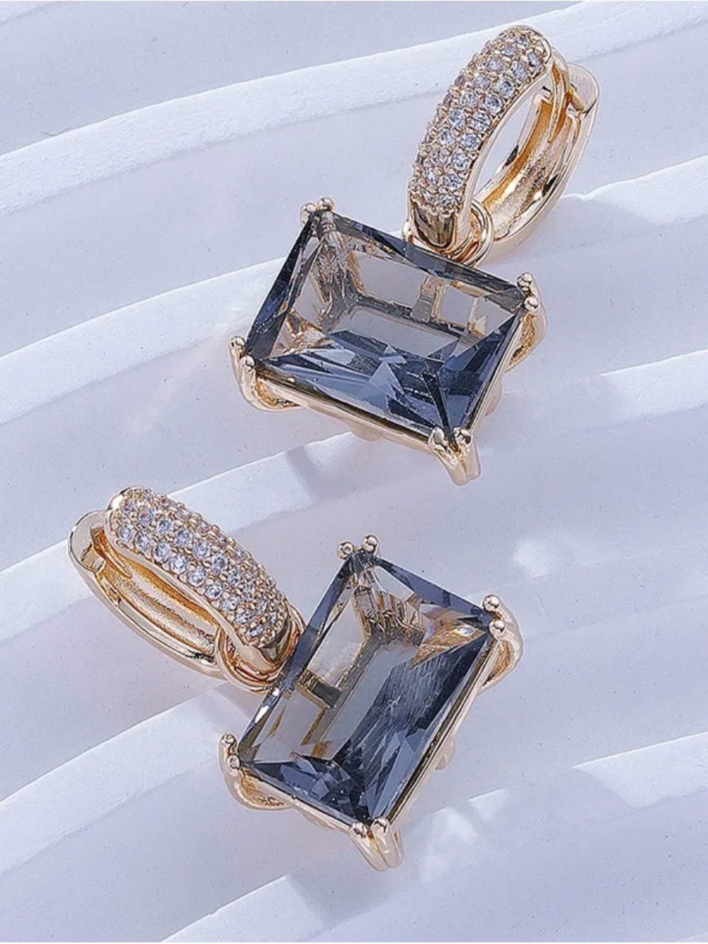 Hoop Earrings with Rectangular Smoky Blue/Gray Crystal Drop NWT Gold Plated